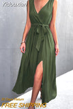Yidouxian Women Elegant V Neck Long Split Dress 2023 Summer Sleeveless Maxi Beach Dresses Ladies Lace-up Party Dress Vestidos De Verano