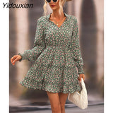 Yidouxian 2023 New Women Autumn Elegant Long Sleeve Neck Waist Floral Dress For Ladies Lace Up Puff Sleeve High Waist Printed Dresses