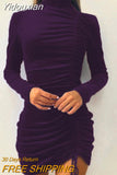 Yidouxian Bodycon Dress Solid Folds Drawstring Mini Dress Autumn Women Turtleneck Long Sleeve Party Dresses Vestidos De Noche
