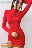 yidouxian Sleeve Bodycon Split Mini Dress Women Sexy Party Club Evening Tight Short Dresses 2023 Autumn Winter Black Red Brown Khaki