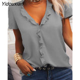 Yidouxian Color Loose Short-Sleeved V-Neck Lotus Women Blouses Cotton Blouses 2023 Summer Shirt Tops Leisure Fashion Women Shirt