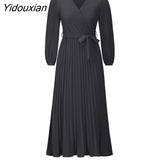 Yidouxian Women New V Neck Long Sleeve Pleated A Line Dress For Ladies Solid Color Lace Up High Waist All Match Dresses