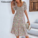 Yidouxian Spring Summer Long Print Dress Women Bohemian Short Sleeve High Waist Flroal Dresses For Ladies Leisure