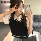 Yidouxian 2 Pcs Blouses Women Knitted Preppy Students Sweet Tender New Arrival Harajuku All-match Summer Tops Mujer Stylish Korean