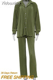 Yidouxian Causal Loose Home Suit Autumn Long Sleeve Blouse With High Wasit Pants Set Women Elegant Pleated Beige 2 Piece Pant Sets