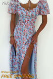 Yidouxian Summer Slim Print Midi Dress Lady Sexy Elegant Doll Collar Puff Sleeve Single Breasted Slit Party Dresses For Women 2023