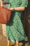 Yidouxian Retro Elegant Long Dress Women Summer Short Sleeve Loose Green Floral Dress Female V-neck High Waist Dresses Vestido 14542