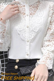 Yidouxian Lace Shirts For Women New Korean Hollow Out White Blouse Tops Female Stand Collar Long Sleeve Blouses Women Casual 12948