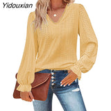 Yidouxian Autumn Winter Hollow Style Women's Top Casual Pleated Long Sleeved V-Neck T-Shirt Pullover Fashion New Design Shirt