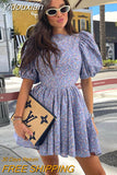 Yidouxian Fashion Slim Print Women'S Dress 2023 Elegant O-Neck Short Sleeve Mini Dresses Casual High Waist Pleated Female Dress