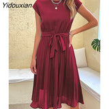 Yidouxian 2023 New Summer Holiday Women's O Neck Short Sleeve Solid Color Pleadted Chic Pleated Dress