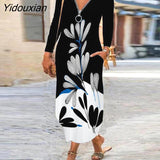 Yidouxian New Butterfly Printed Long Autumn Pocket Sexy Zipper V-Neck Long Sleeve Dress Women Party Boho Vintage Maxi Dress Plus Size