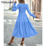 Yidouxian 2023 New Women Fashion Swing Dress For Ladies O Neck Puff Sleeve Solid Color High Waist Temperament Casual Midi Dresses