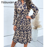 Yidouxian 2023 New Fashion Women's Spring Pleated Print V Neck Long Sleeve Dress For Ladies Lace Up High Waist Dresses