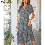 Yidouxian Spring Summer Long Print Dress Women 2023 New Casual Short Sleeve V Neck Single Breasted Temperament Leisure Dresses