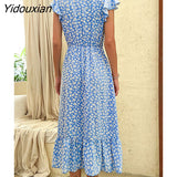 Yidouxian 2023 New Women Fashion Irregular Print Dress For Ladies V Neck Flying Sleeve High Waist Floral Dresses