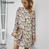 Yidouxian Spring Summer Loose Floral Short Dress For Women Casual Ruffles Half High Collar Ladies A Line Oversize Print Dress