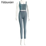 Yidouxian Casual Sporty Knitting Ribbed 2 Piece Outfits Jogging Sexy O Neck Tank Top + Leggings Bodycon Two Piece Set Tracksuit