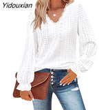 Yidouxian Autumn Winter Hollow Style Women's Top Casual Pleated Long Sleeved V-Neck T-Shirt Pullover Fashion New Design Shirt