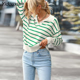 Yidouxian Winter 2023 New Women V Neck Long Sleeve Striped Loose Sweater For Ladies Soft Comfortable Thermal Knitted Top