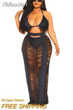 Yidouxian Solid Bikini Tops and Hollow Out See Through Long Skirts Two Piece Sets Womens Outfits Summer 2023 Sexy Holiday Beachwear