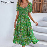 Yidouxian Spring Summer Long Print Dress Women Bohemian Short Sleeve High Waist Flroal Dresses For Ladies Leisure