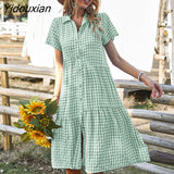 Yidouxian Summer Plaid Shirt Dress Women 2023 New Casual Short Sleeve High Waist Loose Dresses For Ladies Leisure Medium Long Dress