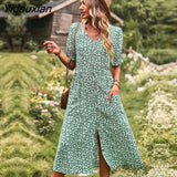 Yidouxian Printing A Line Floral Women Dress 2023 New Spring Summer V Neck Short Sleeve Single Breasted High Waist Dresses