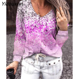 Yidouxian Female Autumn T-Shirt Tops Fashion Women Loose Collar V-Neck Floral Print Long-Sleeve Casual Street T-Shirt Топ