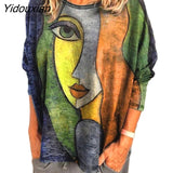 Yidouxian Abstract Face Cartoon Print Women T Shirt Streetwear Casual Long Sleeve O-Neck Loose T Shirts Top Female Autumn Clothing