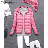 Yidouxian Winter Detachable Cap Women's Lightweight White Duck Down Jacket Hooded Zipper Full Sleeve Cropped Ultralight Coat