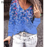 Yidouxian Female Autumn T-Shirt Tops Fashion Women Loose Collar V-Neck Floral Print Long-Sleeve Casual Street T-Shirt Топ