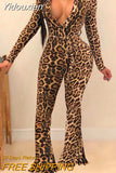 Yidouxian 2023 Female Fashion Streetwear Leopard Print V-neck Long Sleeve Skinny Jumpsuits With Belt Hot Party Autumn Bodycon Rompers