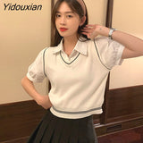 Yidouxian 2 Pcs Blouses Women Knitted Preppy Students Sweet Tender New Arrival Harajuku All-match Summer Tops Mujer Stylish Korean