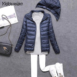 Yidouxian Winter Detachable Cap Women's Lightweight White Duck Down Jacket Hooded Zipper Full Sleeve Cropped Ultralight Coat