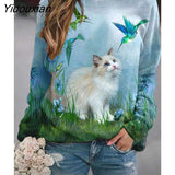 Yidouxian and Autumn Women T Shirt Cute Cat Kitten Print Long Sleeve Ladies Graphic TShirt Casual O-Neck Cartoon Female Tee Tops