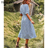 Yidouxian Printing A Line Floral Women Dress 2023 New Spring Summer V Neck Short Sleeve Single Breasted High Waist Dresses