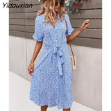 Yidouxian Spring Summer Ladies Bandage Dress Women Medium Long Sleeve Button Floral Print Holiday Style Chic Dress Female