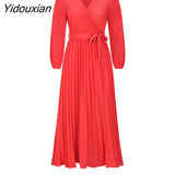 Yidouxian Women New V Neck Long Sleeve Pleated A Line Dress For Ladies Solid Color Lace Up High Waist All Match Dresses