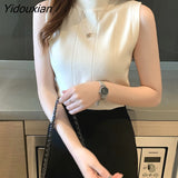 Yidouxian Women Solid Sleeveless Basic Fashion Femme Elegant All-match Korean Style Ladies Tops Half High Collor Student Casual Soft