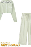 Yidouxian TRAF 2023 Women 2 Pieces Sets Fashion Striped Shirt Tops + High Waist Wide Leg Long Pants Summer Causal Sets