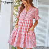 Yidouxian New Spring Summer Loose Short Plaid Dress Women Casual Button V-neck Temperament Patchwork Short Sleeve Mini Dress