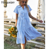 Yidouxian Summer Plaid Shirt Dress Women 2023 New Casual Short Sleeve High Waist Loose Dresses For Ladies Leisure Medium Long Dress