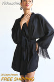 Yidouxian Elegant Black Satin Dresses For Women 2023 Autumn Fashion Loose V-Neck Long Sleeve Lace-Up Tassel Spliced Mini Dress