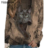 Yidouxian Loose Top 2023 Spring Autumn Zipper Cartoon Cat Print Casual O-Neck Long-Sleeve T-Shirt Vintage Street Clothes