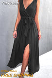 Yidouxian Women Elegant V Neck Long Split Dress 2023 Summer Sleeveless Maxi Beach Dresses Ladies Lace-up Party Dress Vestidos De Verano