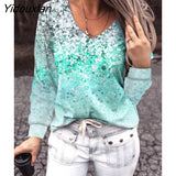 Yidouxian Female Autumn T-Shirt Tops Fashion Women Loose Collar V-Neck Floral Print Long-Sleeve Casual Street T-Shirt Топ