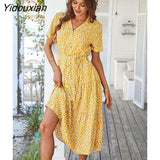 Yidouxian Spring Summer Long Print Dress Women 2023 New Casual Short Sleeve V Neck Single Breasted Temperament Leisure Dresses