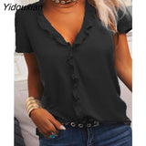 Yidouxian Color Loose Short-Sleeved V-Neck Lotus Women Blouses Cotton Blouses 2023 Summer Shirt Tops Leisure Fashion Women Shirt