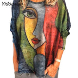 Yidouxian Abstract Face Cartoon Print Women T Shirt Streetwear Casual Long Sleeve O-Neck Loose T Shirts Top Female Autumn Clothing